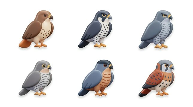 Collection of Six Cartoon Falcon Figures in Various Colors and Poses on White Background