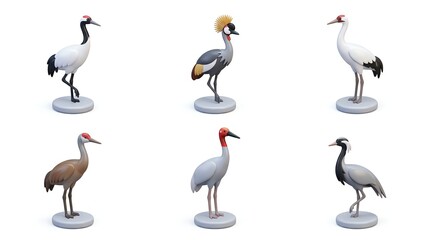 Fototapeta premium Collection of Six Decorative Crane Figurines in Various Colors and Styles for Home Decor
