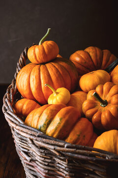 Basket of decorative pumpkins arranged against rustic wooden background. Seasonal harvest composition with squash and farmhouse fall decor