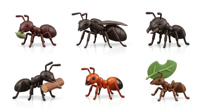 Collection of Cartoon Ants with Different Colors and Accessories on White Background