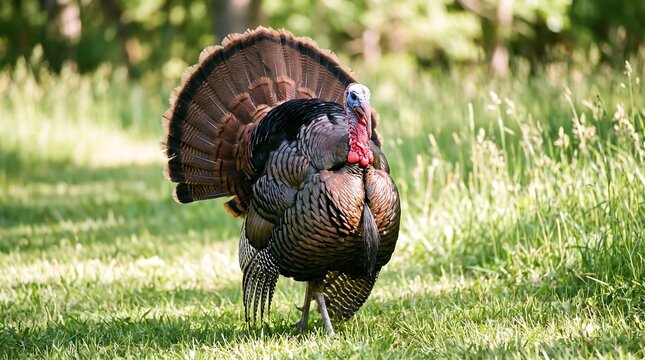 Wild turkey displaying its feathers in a grassy field during the spring