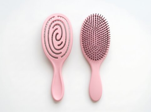 Two pink hair brushes isolated on white background