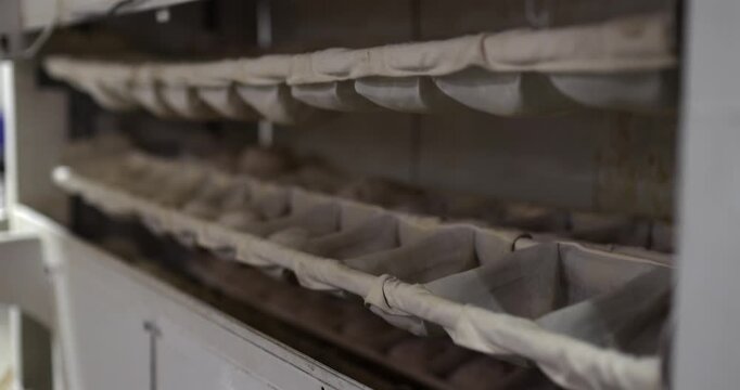 Industrial machinery in a bakery vibrating during the automated bread making process, showcasing the proofing stage where dough rests in specialized fabric containers before baking