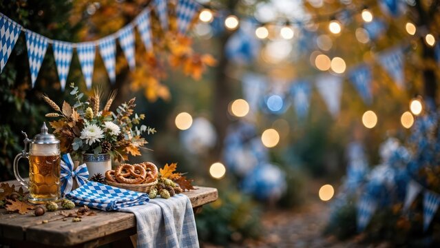 Bavarian beer and pretzels on wooden table at autumn festival outdoor event