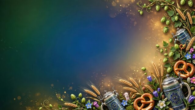 Festive autumn background with traditional beer mugs and pretzels