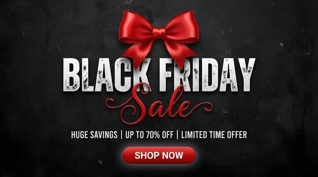 Black friday sale promotional graphic with a red gift bow, distressed white text, and a shop now button on a dark textured background