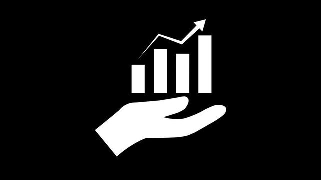 Business growth concept with hand holding rising bar chart icon animation for financial success, investment strategy, market growth and business development on black background.