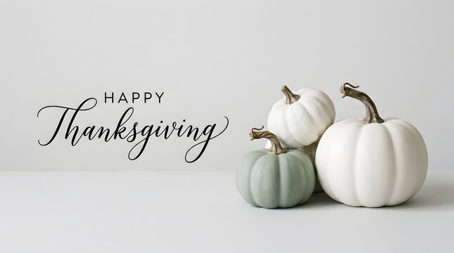 Assorted pumpkins and the word thanksgiving in elegant calligraphy on a light background