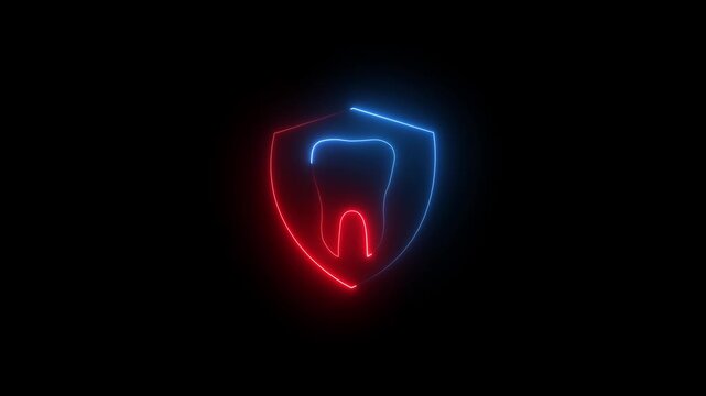 Neon dental protection shield icon animation with glowing tooth symbol for oral healthcare, dentistry and medical on black background