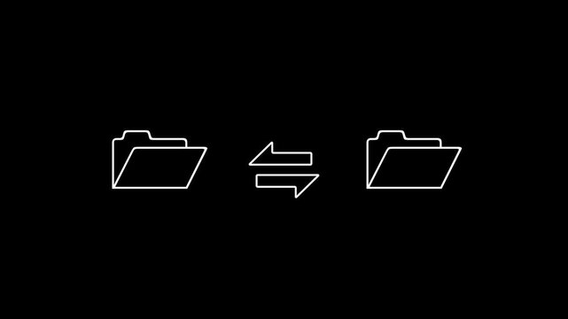 File transfer icon animation with data synchronization from folder to folder on black background,
