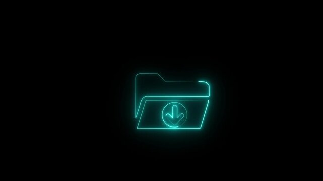 Neon glowing folder download icon animation for digital data transfer, technology interfaces and web on black background