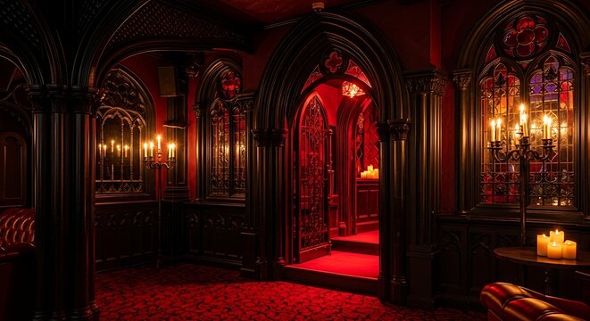 Gothic interior with red lighting with gothic architectural details