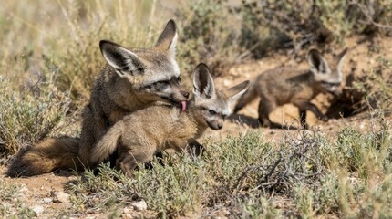 Fototapeta premium Bat-Eared Foxes Family in Desert: A nurturing mother bat-eared fox affectionately grooms her young pup amidst the dry, scrubby terrain of a desert landscape.