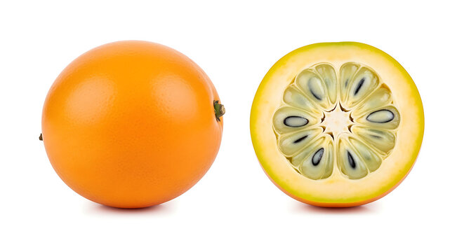 Whole and halved lulo fruit isolated on a white background for culinary and healthy nutrition design
