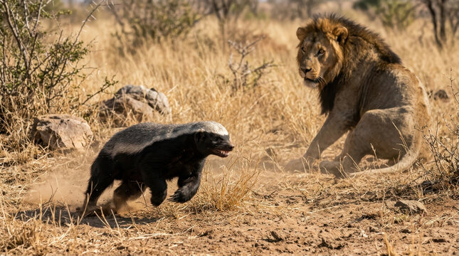 Honey Badger Confronts Lion: A fierce honey badger charges forward in a dusty, dry landscape, fearlessly facing a formidable lion in an intense standoff.