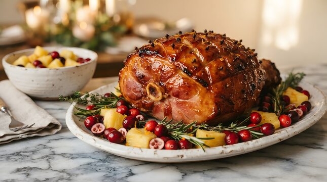 A beautifully glazed ham surrounded by fresh cranberries and golden pineapple chunks