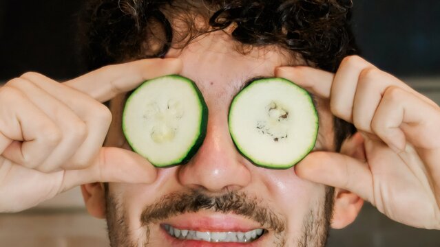 Young man holding cucumber slices over eyes enjoying self-care facial treatment