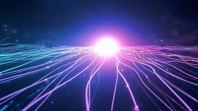 Neon Light Abstract Background, Vibrant Glowing Line Wave Across Luminous Digital Art Space