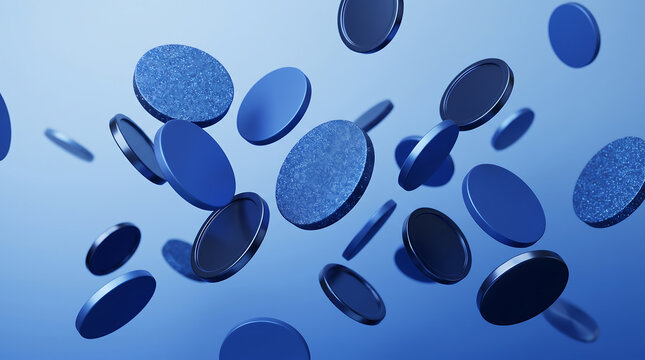 Abstract 3d render of floating blue coins on a blue background