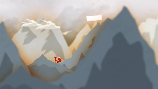 Abstract minimalist illustration of a small red character climbing a large mountain.