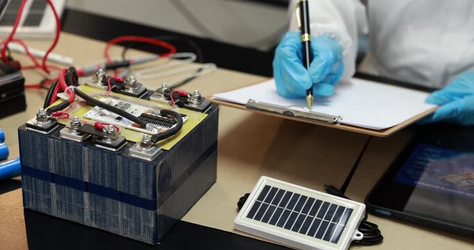 Technician in blue gloves records notes while testing a battery pack with wires and a small solar panel on a workbench.