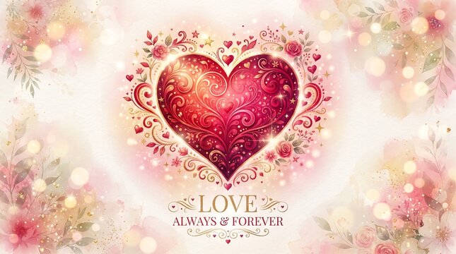 Red heart symbol with floral ornaments and love always and forever text overlay