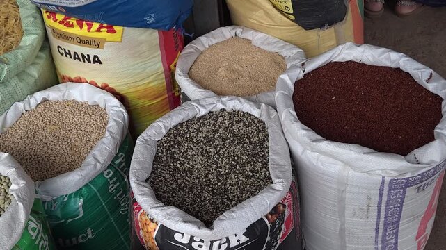 An intricate biological layout that exceeds standard marketplace trade networks maps out global nourishment through open bags of split black gram, red sorghum, white chana, and golden millet grains.