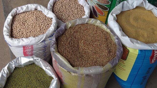 A view of diverse bulk pulses and whole grains in open sacks, showcasing tan chickpeas, green mung beans, whole wheat berries, and fine yellow meal neatly clustered on a vendor marketplace floor.