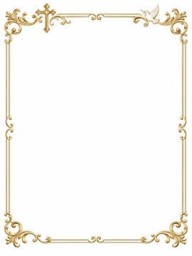 Ornate golden frame with a cross and a dove. Elegant scrollwork details adorn the border. Perfect for religious certificates or formal invitations.