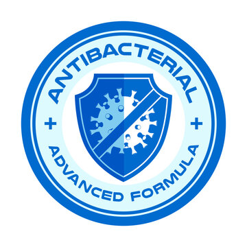 Antibacterial emblem logo with germ protection guarantee shield label for hygiene product knowledge. Certified medical kill bacteria seal, anti microbe vector illustration asset.