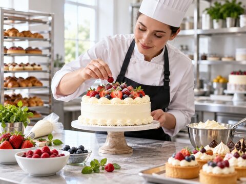 baker decorating fruit cake