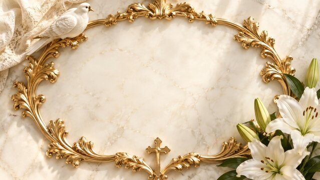 Golden oval baroque frame with cross, white dove and lily flowers on marble background. Elegant religious decoration for baptism and christening.