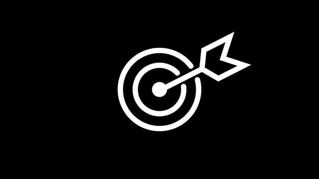 Hit a target or goal with an arrow simple loop animation on black background. Animated target, success icon in outline design.