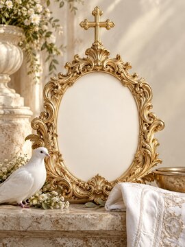 Ornate golden oval frame with cross and blank copy space on marble altar. White dove and flowers decorate baptism ceremony setting with towel and bowl.