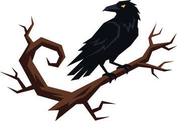 Obraz premium A dark raven perched on a twisted gnarled branch against a white background.