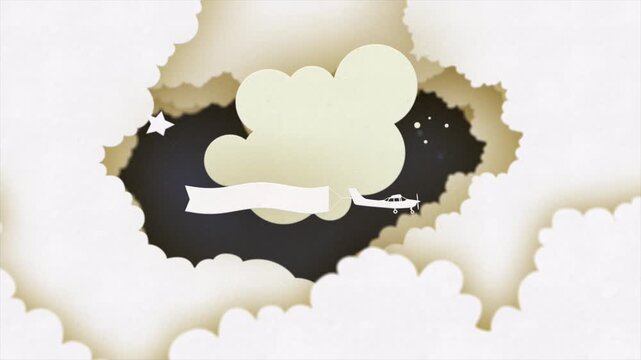 Abstract Paper Cutout Animation With Clouds And Stars Background.