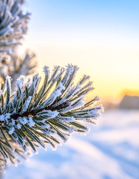 Close-up of Frosty Pine Needles in Golden Sunrise Light