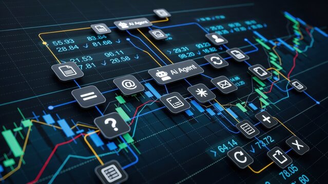 Ai agent network overlaid on a financial stock market trading chart