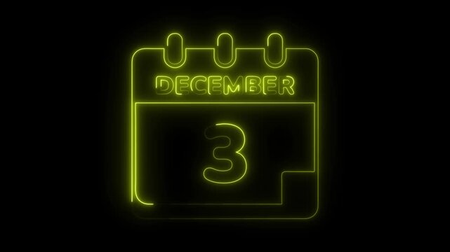 Neon december 3rd calendar date reminder animation on black background