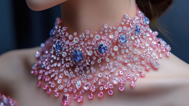 Woman wearing a luxury pink and blue gemstone choker necklace with intricate crystal detailing