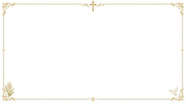 Elegant golden frame with cross, dove and white flowers on clean background. Religious decorative border with copy space for baptism or nativity invitation.