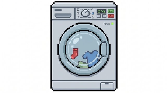 Pixel art front load washing machine with clothes inside isolated on white background