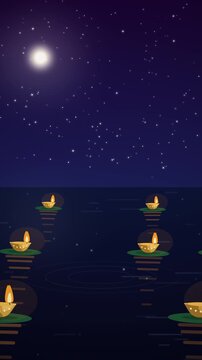 Diwali Floating Oil Lamps on River Under Violet Night Sky Loop