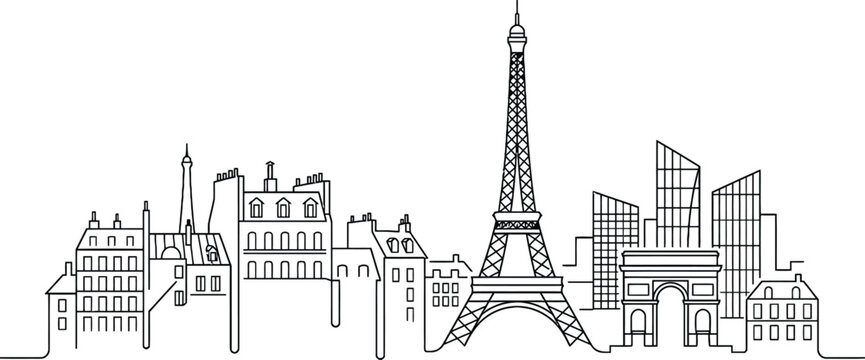 Minimalist black and white line art illustration of the paris skyline featuring the iconic eiffel tower