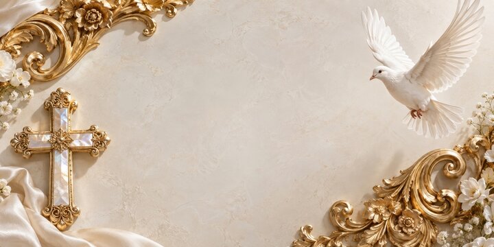 White dove flying near ornate gold cross with mother of pearl inlay on beige background. Elegant composition with golden baroque ornaments and flowers for baptism.