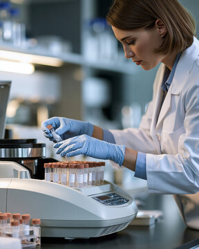 Scientist preparing research tubes beside thermal cycler