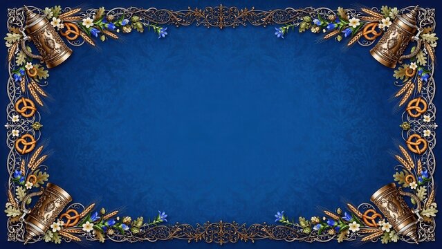 Blue decorative frame border with ornate metal mugs and baked bread snack