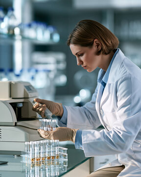 Scientist preparing research tubes beside thermal cycler