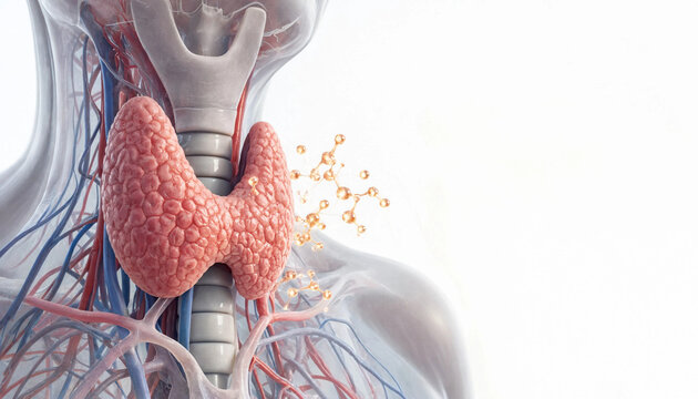 Thyroid gland anatomy with hormone molecules released in human neck medical illustration concept