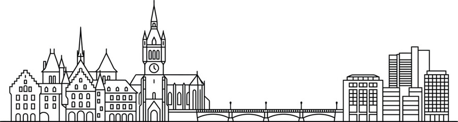 Fototapeta premium A black and white line art illustration showing a contrast between historic european architecture and modern city buildings